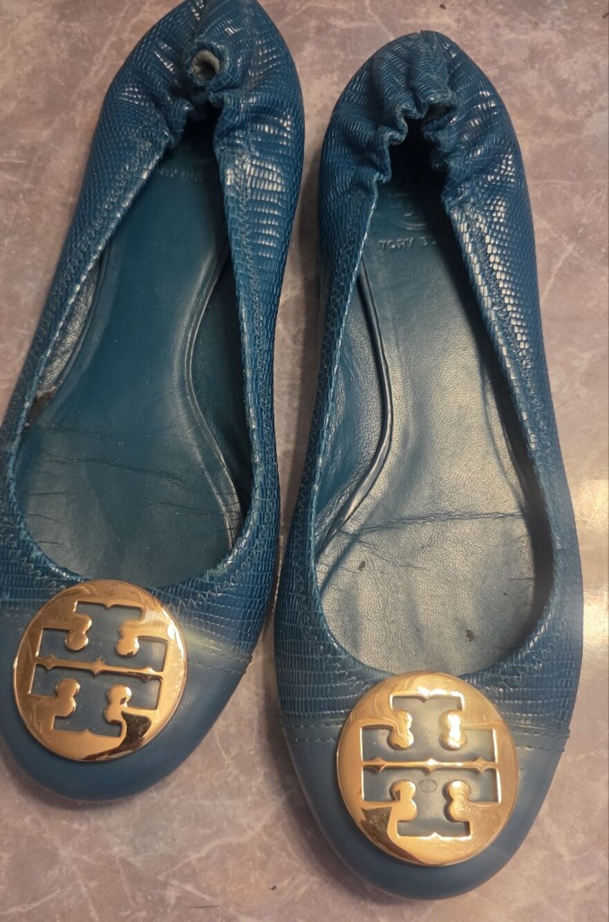 Tory Burch Teal Leather Logo Ballet Flats with Gold Emblem